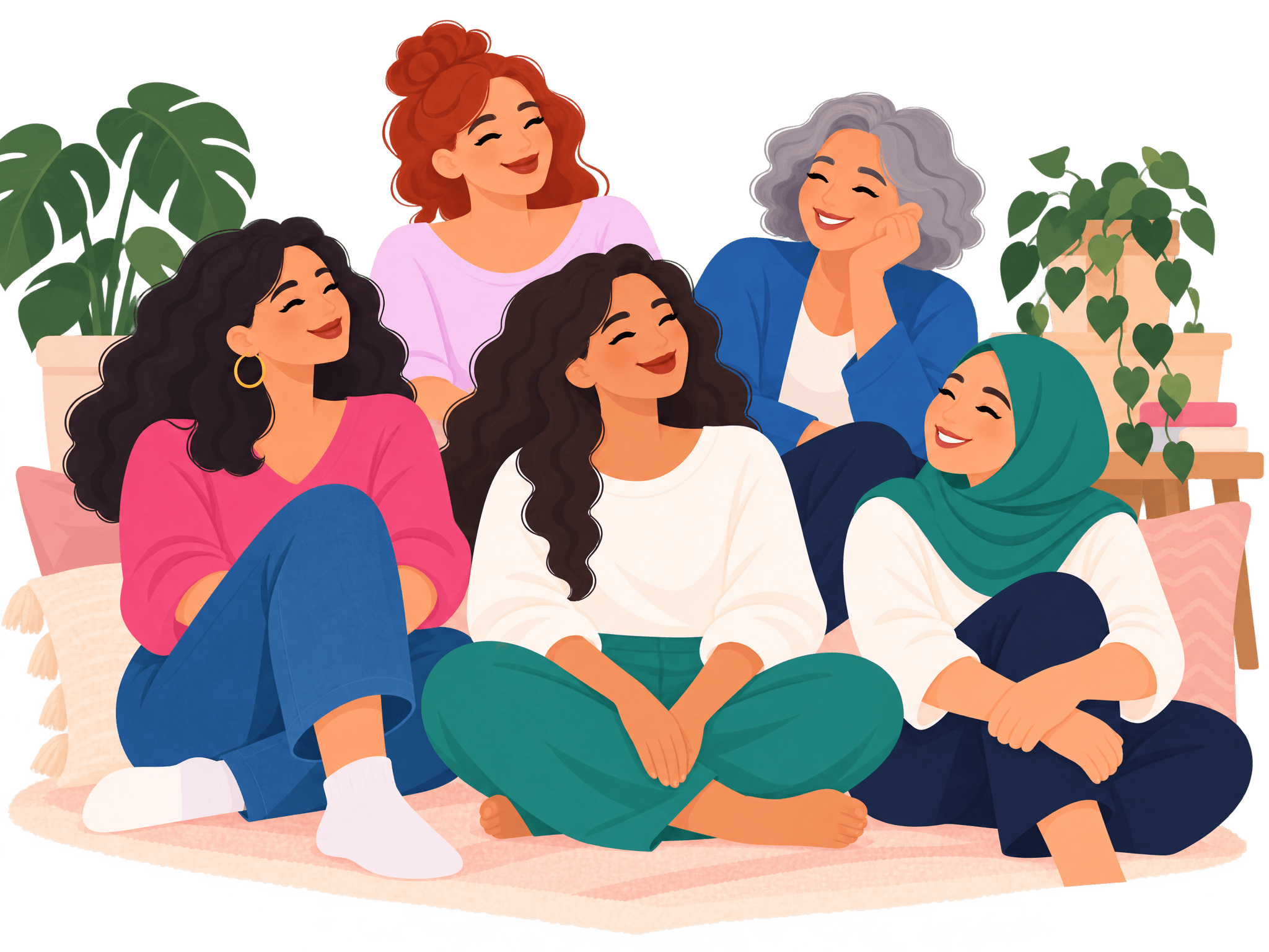 Cuatro mujeres diversas reunidas en un espacio luminoso y acogedor.